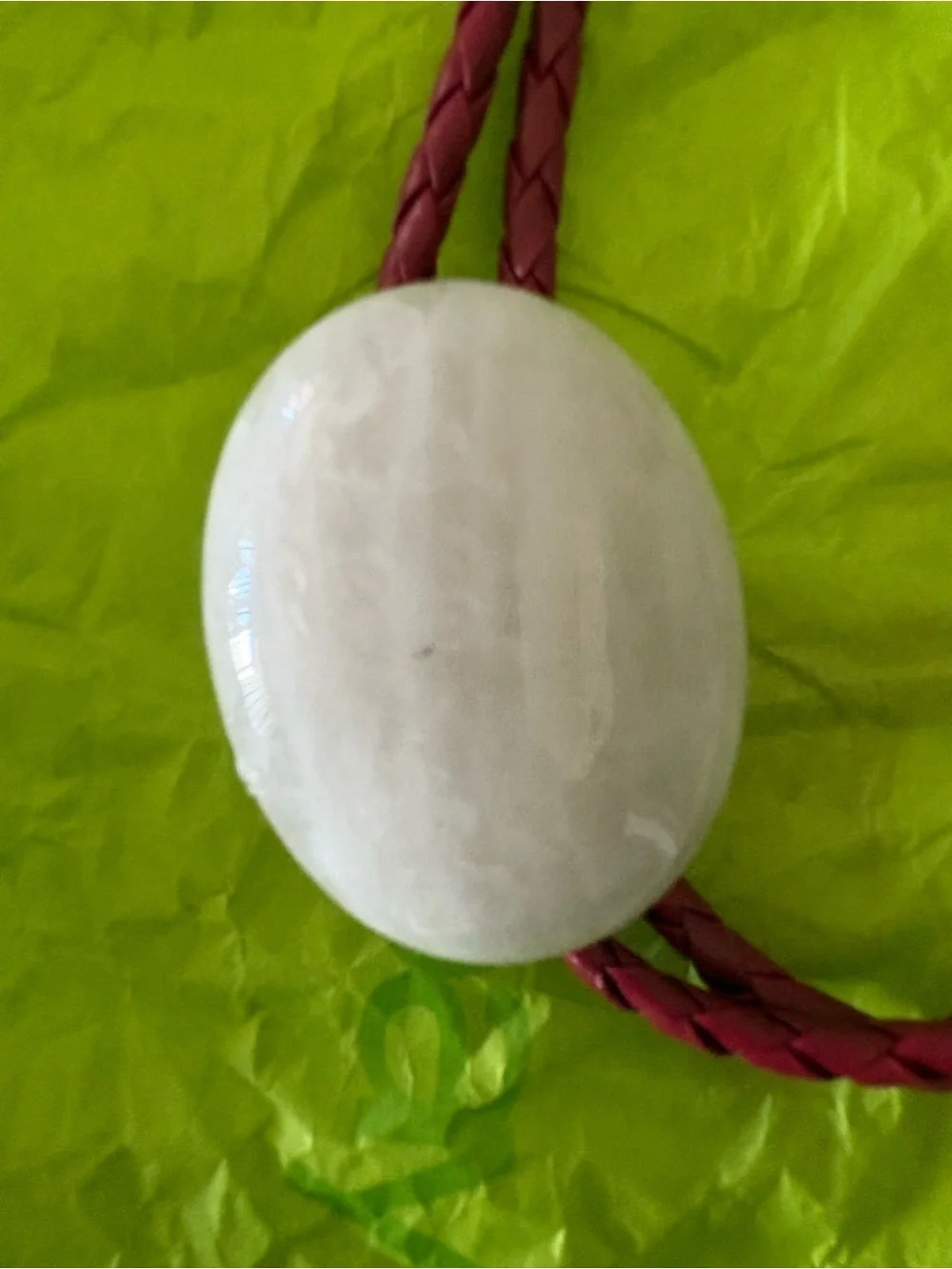 Stone Oval Pendant Necklace in White with Red Braided Cord Bolo Tie